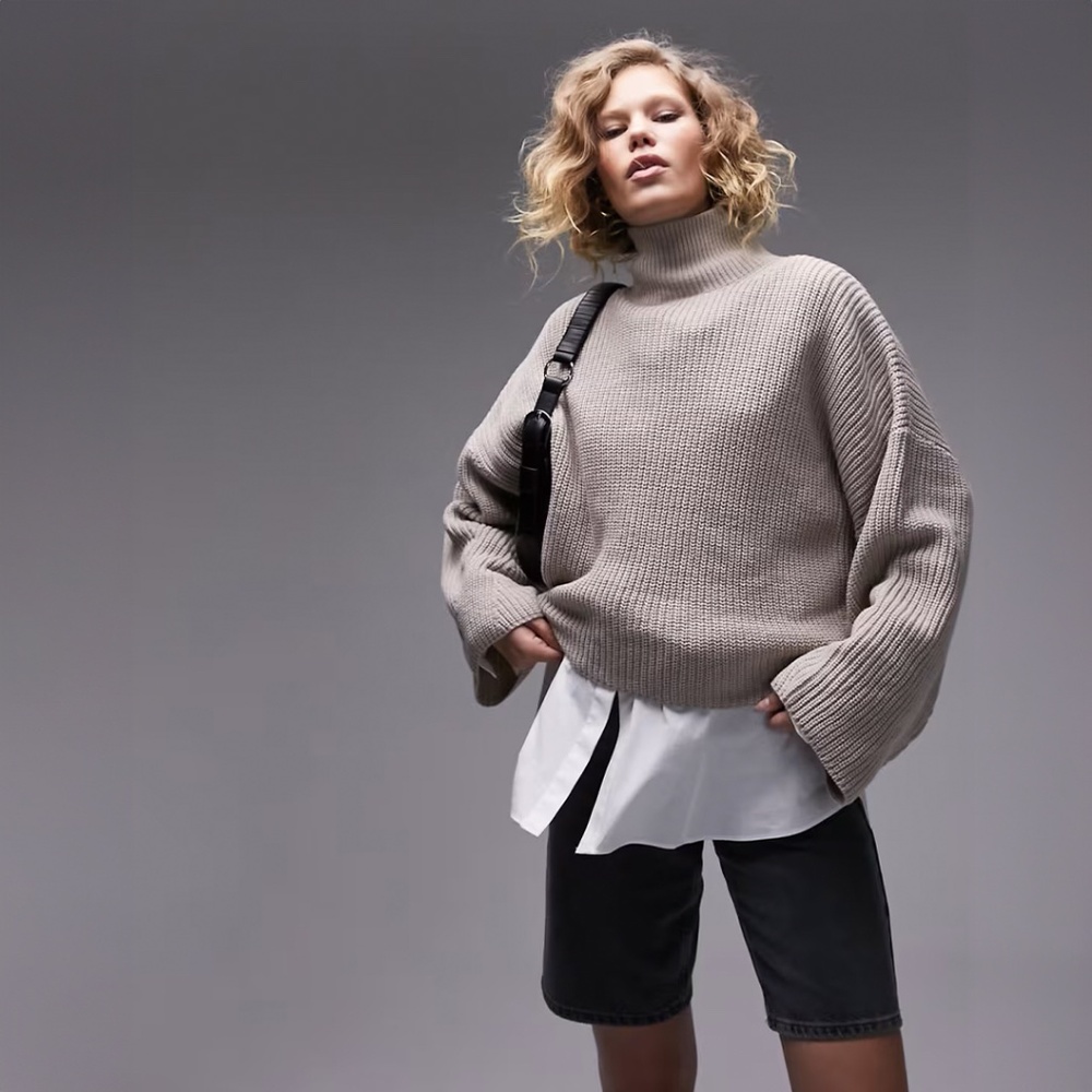 Topshop knit high neck drop shoulder sweater with wool in oat S